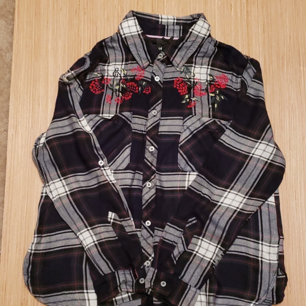 Nanette Lepore Navy Blue beaded plaid top - Picture 3 of 4